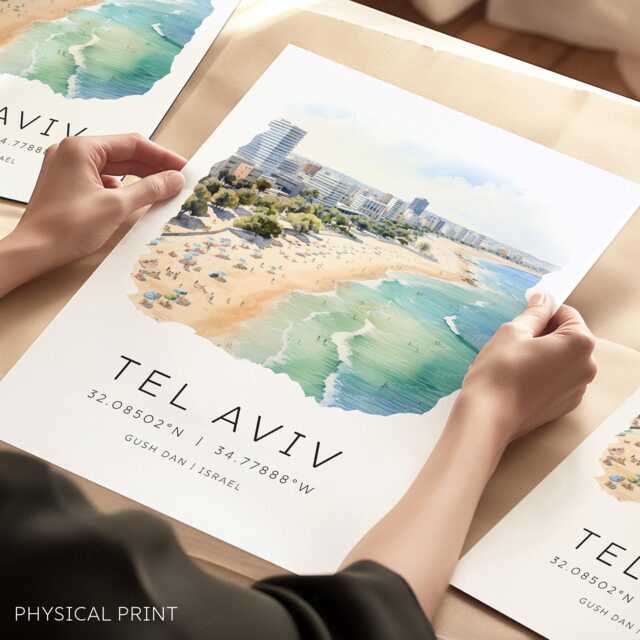 Tel Aviv Coastal Print, Israel Travel Wall Art, Decor, Birthday Gifts, Map Coordinates - image 1