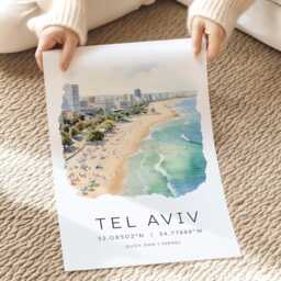 Tel Aviv Coastal Print, Israel Travel Wall Art, Decor, Birthday Gifts, Map Coordinates - thumbnail 2
