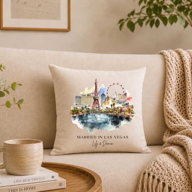 Married in Las Vegas Linen Cushion, Custom Wedding Location Throw Pillow - image 1