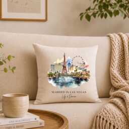 Married in Las Vegas Linen Cushion, Custom Wedding Location Throw Pillow - thumbnail 1