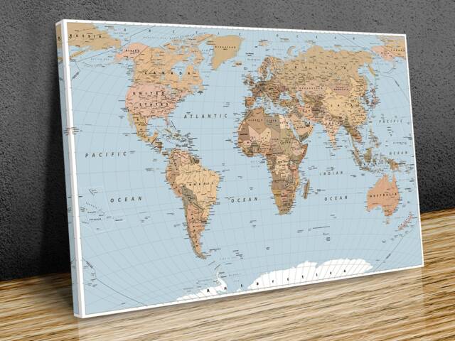World Map Sepia Tones Blue Oceans High Resolution Detailed Wall Art , Hangings , Mounted Canvas Print - image 1