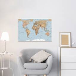 World Map Sepia Tones Blue Oceans High Resolution Detailed Wall Art , Hangings , Mounted Canvas Print - thumbnail 2