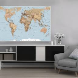 World Map Sepia Tones Blue Oceans High Resolution Detailed Wall Art , Hangings , Mounted Canvas Print - thumbnail 3