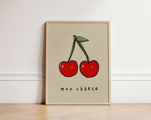 Mon Cherie Print, Cherries French Wall Art, Retro Prints, Home Decor, Trendy Inspo, Unframed - image 1