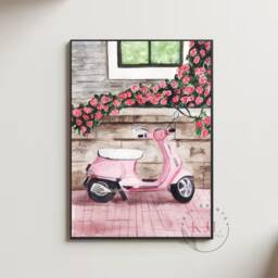 Retro Pink Scooter Print Colorful Cafe Diner Wall Art - thumbnail 1
