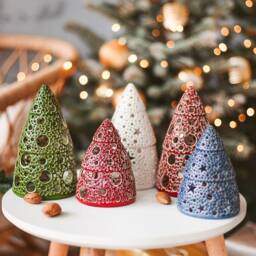 Hand-Carved Christmas Tree Tea Light Holder, Ceramic Farmhouse Decor, Available in Red, White, Green & Blue - thumbnail 3