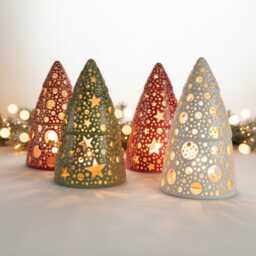 Hand-Carved Christmas Tree Tea Light Holder, Ceramic Farmhouse Decor, Available in Red, White, Green & Blue - thumbnail 1