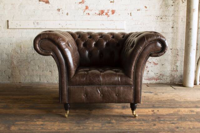 Vintage Brown Leather Chesterfield Armchair, British Handmade - image 1