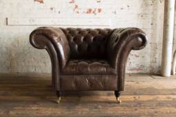 Vintage Brown Leather Chesterfield Armchair, British Handmade - thumbnail 1