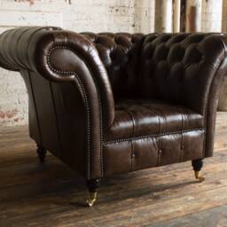 Vintage Brown Leather Chesterfield Armchair, British Handmade - thumbnail 3