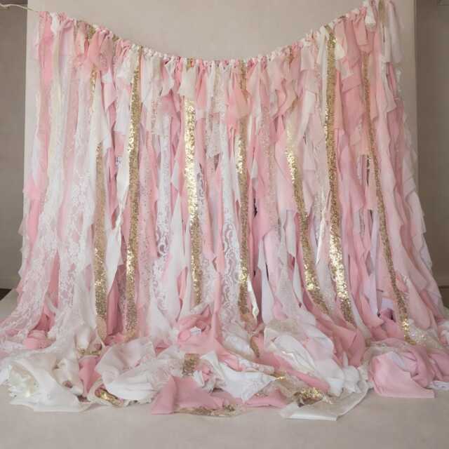 Pink & Gold Backdrop, First Birthday, Ribbon Curtains, Shabby Chic Curtains - image 1