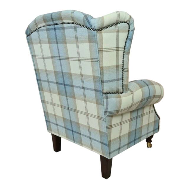 Queen Anne Wingback Chair Sky Blue Tartan Fireside Accent Chair - image 1