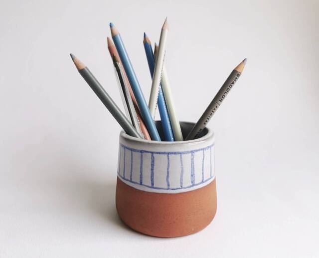Handmade Blue & White On Terracotta Ceramic Vase, Planter Or Paintbrush, Pencil, Toothpick, Cotton Bud Etc Pot Holder - image 1