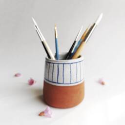 Handmade Blue & White On Terracotta Ceramic Vase, Planter Or Paintbrush, Pencil, Toothpick, Cotton Bud Etc Pot Holder - thumbnail 3