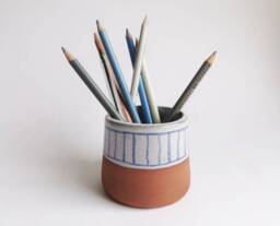 Handmade Blue & White On Terracotta Ceramic Vase, Planter Or Paintbrush, Pencil, Toothpick, Cotton Bud Etc Pot Holder - thumbnail 1