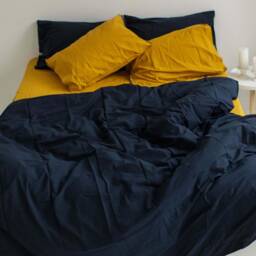 Soft Organic Cotton Bedding, Navy & Mustard Full Queen Duvet Cover Set, Custom Size With 2 Pillowcases, Housewarming Gift - thumbnail 2