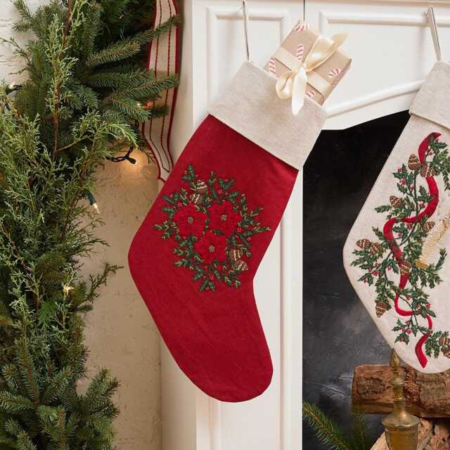 Red Poinsettia Bundle Linen Stocking, Hand Embroidered Cotton Blend Christmas Bootie, Handmade Festive Holiday Decor - image 1