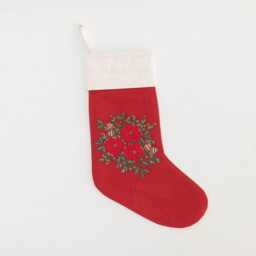 Red Poinsettia Bundle Linen Stocking, Hand Embroidered Cotton Blend Christmas Bootie, Handmade Festive Holiday Decor - thumbnail 3