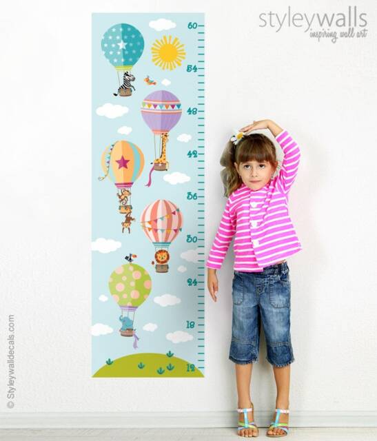 Hot Air Balloons Wall Decal Growth Chart, Kids Height Chart Decal, With Jungle Safari Animals - image 1