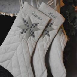 Custom Christmas Stocking With Name Embroidery, Patchwork Quilt Linen Decor, Farmhouse, Cozy Heirloom Home Decor - thumbnail 3