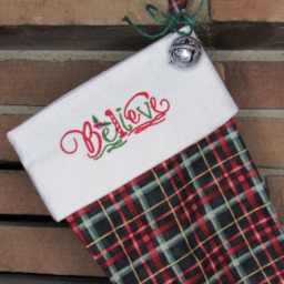 Handmade Plaid Christmas Stocking Embroidered Farmhouse Decor - thumbnail 3