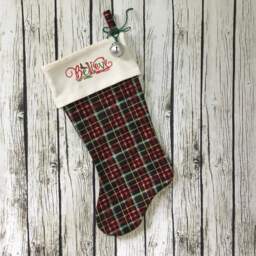 Handmade Plaid Christmas Stocking Embroidered Farmhouse Decor - thumbnail 2
