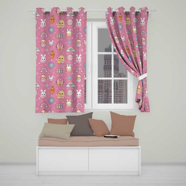 Easter Chick Bunny Carrot Rainbow Rose Pink Background Seamless Pattern Readymade Eyelet Ring Top Thermal 100% Blackout Curtains - image 1