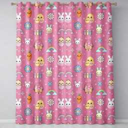 Easter Chick Bunny Carrot Rainbow Rose Pink Background Seamless Pattern Readymade Eyelet Ring Top Thermal 100% Blackout Curtains - thumbnail 2