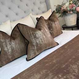 Tapini Latte Piped Cushion Cover Beaumont Textile Fabric Black Velvet Luxury Piping Suede Touch Brown Cream, Double-Sided Handmade UK - thumbnail 1