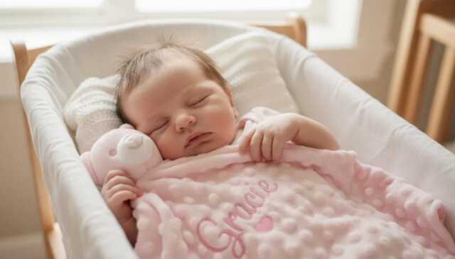 Personalised Pink Bear Silky Fleece Blankie Soft Baby Comforter Shower Gift First-Year Keepsake - image 1