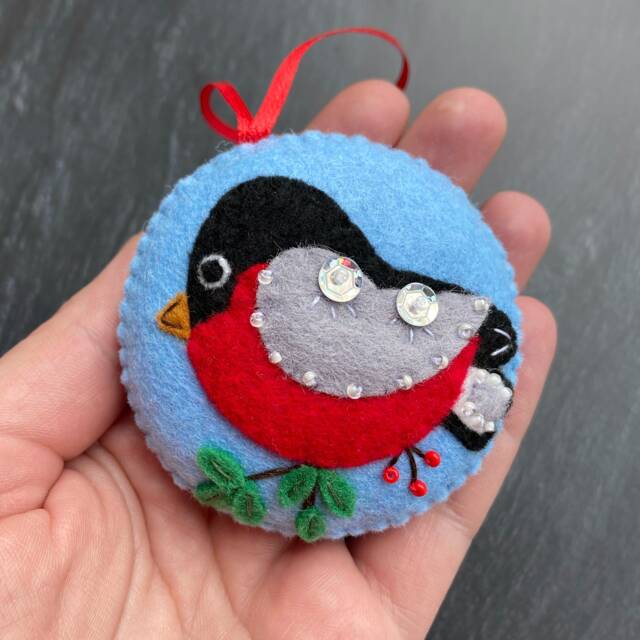 Felt Bullfinch Christmas Ornament, Handmade Bird Decoration - image 1