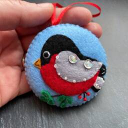 Felt Bullfinch Christmas Ornament, Handmade Bird Decoration - thumbnail 3