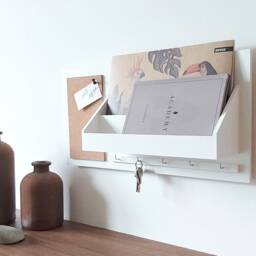 White Wooden Wall Organizer A4 Pin Board With Hooks - thumbnail 2