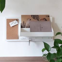 White Wooden Wall Organizer A4 Pin Board With Hooks - thumbnail 3