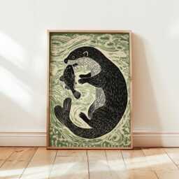 Playful Otter Linocut Poster - Whimsical River Animal Wall Art Rustic & Fish Illustration Print - thumbnail 1