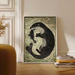 Playful Otter Linocut Poster - Whimsical River Animal Wall Art Rustic & Fish Illustration Print - thumbnail 2