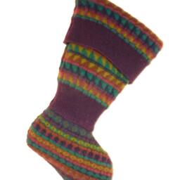 Christmas Stocking Felted Wool Felt Knit Lobo Burgundy Ooak Triangles Patterned Brown Rust Green Gold Recycled Repurposed 660 - thumbnail 2