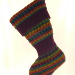 Christmas Stocking Felted Wool Felt Knit Lobo Burgundy Ooak Triangles Patterned Brown Rust Green Gold Recycled Repurposed 660 - thumbnail 3