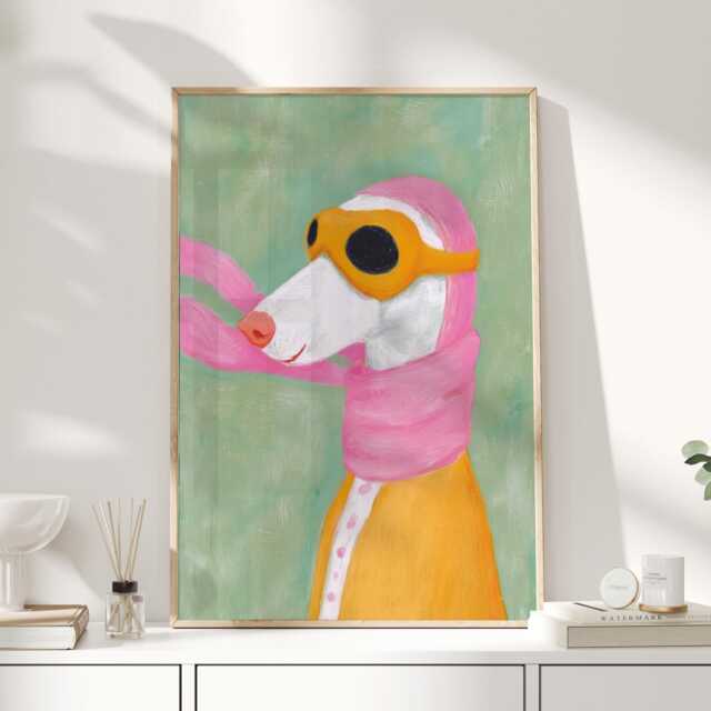 Greyhound Aviator Print, Whippet Wall Art, Dog Nursery Decor, Playroom Poster, Pink Scarf Kids Room Art - image 1