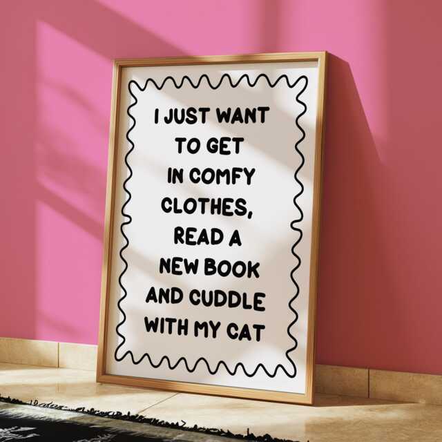 Books & Cats Black White Typography Print - Cat Owner Print, Book Lover Cuddles Wall Art, Quote - image 1