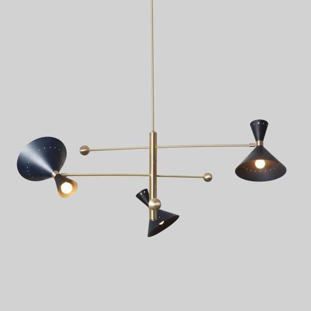 Mid Century Sputnik Chandelier - Raw Brass & Cone Shade Light Fixture - image 1