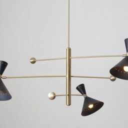 Mid Century Sputnik Chandelier - Raw Brass & Cone Shade Light Fixture - thumbnail 3
