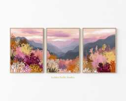 Colorful Mountain Landscape Print Set Abstract Sunset Floral Wall Art - thumbnail 1