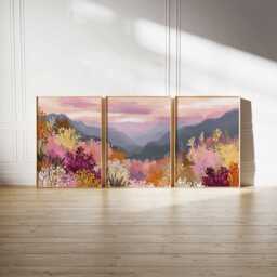 Colorful Mountain Landscape Print Set Abstract Sunset Floral Wall Art - thumbnail 2