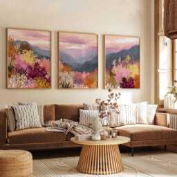 Colorful Mountain Landscape Print Set Abstract Sunset Floral Wall Art - thumbnail 3