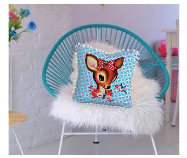 Deer Cushion Cover Kitsch Bambi Pillow With Tassel Trim - image 1