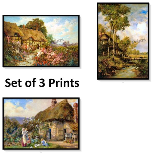 3 Prints, Anne Hathaway's Cottage, English Cottages, Old Thatch Roof Cottages - image 1