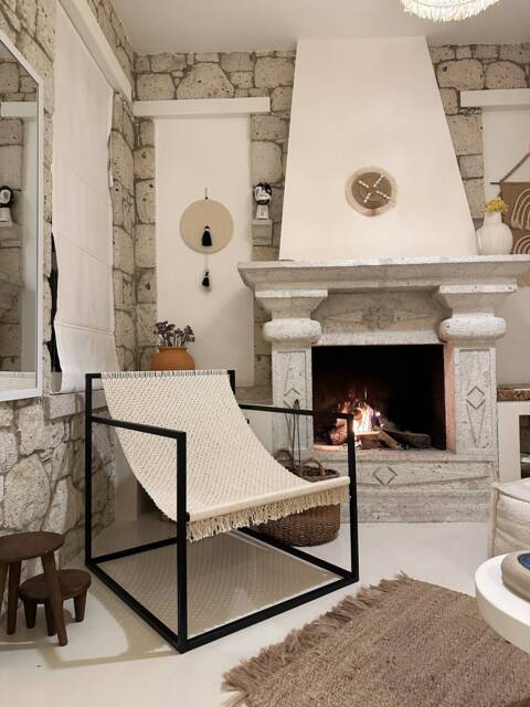 Lounge Accent Sling Chair, Modern Handmade Armchair, Boho Home Midcentury Decoration, Black Steel Metal Macrame Armchair - image 1