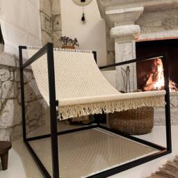 Lounge Accent Sling Chair, Modern Handmade Armchair, Boho Home Midcentury Decoration, Black Steel Metal Macrame Armchair - thumbnail 4