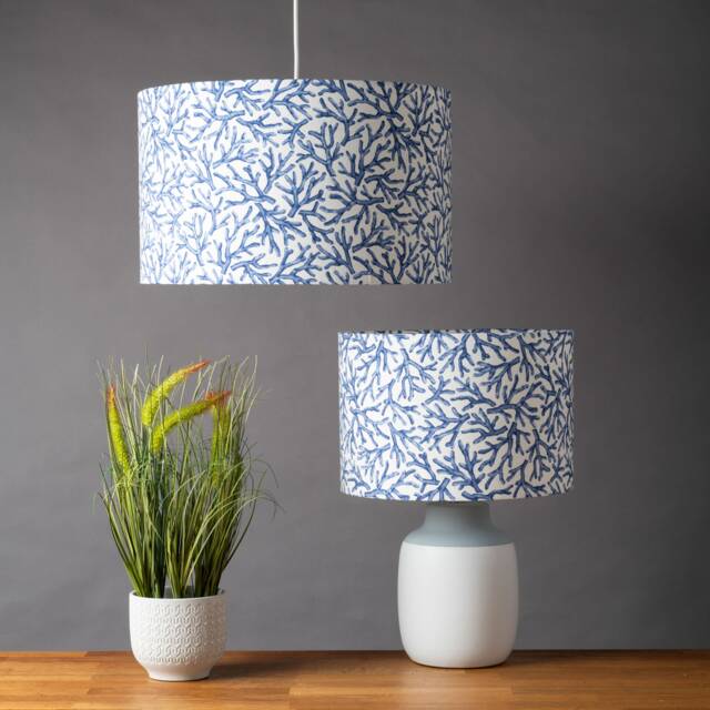 Coral Reef Lampshade. Botanical & Nautical Inspired Print, Marine Blue White, Cylinder Style Shade. 30cm & 40cm Sizes Available - image 1